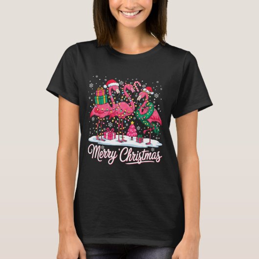 Merry Christmas Flamingo Lights Santa Hat Snow Xma Tシャツ (正面)