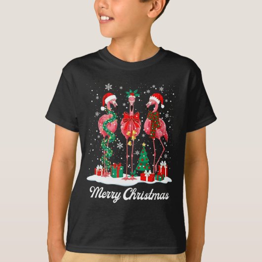 Merry Christmas Flamingo Santa Hat Christmas Light Tシャツ (正面)