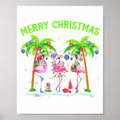 Merry Christmas Flamingo Xmas Palm Tree Light Trop ポスター (正面)