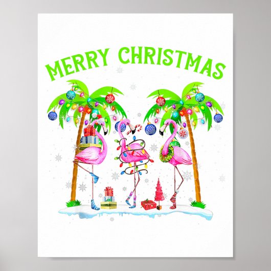 Merry Christmas Flamingo Xmas Palm Tree Light Trop ポスター (正面)
