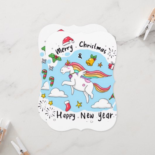 Merry Christmas Flat Greeting Card Unicorn  カード (正面/裏面インサイチュ)