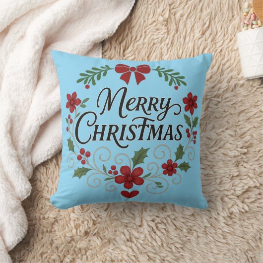 Merry Christmas Floral Wreath Throw Pillow クッション (ブランケット)