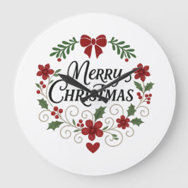 Merry Christmas Floral Wreath Wall Clock ラージ壁時計