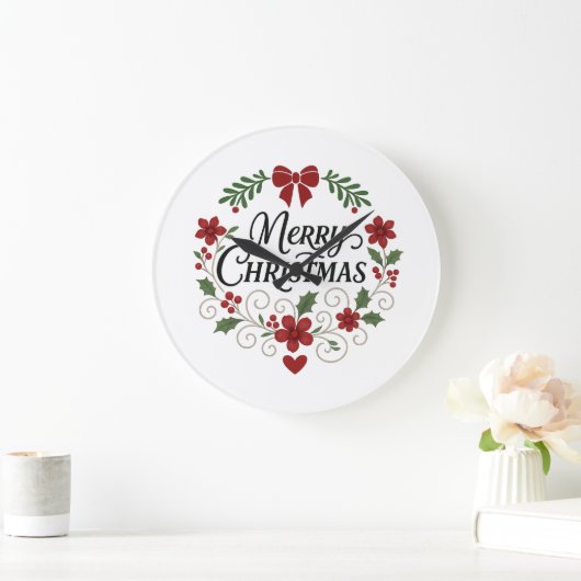 Merry Christmas Floral Wreath Wall Clock ラージ壁時計 (ホーム)