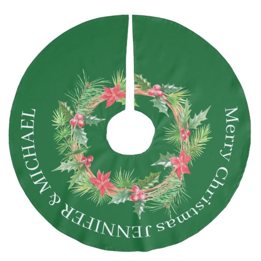 Merry Christmas FLOWER WREath print ブラッシュドポリエステルツリースカート (正面)