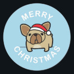 Merry Christmas from Fawn Santa Frenchie - Blue ラウンドシール<br><div class="desc">Frances PerezのFBRN専用に設計されたこれらの愛らしいフランス人と今季あなたの休日の応援を見せなさい。学必要なフランスのブルドッグの詳細はfrenchbulldogrescue.org © 2012 フランスの Bulldog Rescue Network</div>