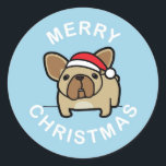 Merry Christmas from Fawn Santa Frenchie - Blue ラウンドシール<br><div class="desc">Frances PerezのFBRN専用に設計されたこれらの愛らしいフランス人と今季あなたの休日の応援を見せなさい。学必要なフランスのブルドッグの詳細はfrenchbulldogrescue.org © 2012 フランスの Bulldog Rescue Network</div>