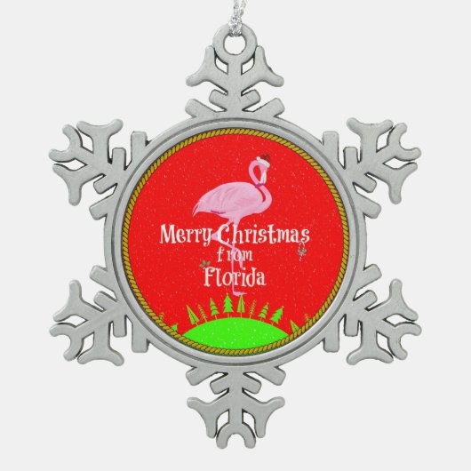 Merry Christmas from Florida and Santa Flamingo スノーフレークピューターオーナメント (正面)