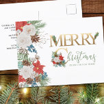 Merry Christmas from New Home Gold Green Moving シーズンポストカード<br><div class="desc">Elegant Holiday moving announcement postcard with decorative typography and festive floral borders. The design features poinsettia, pine cones, white roses, winter berries, cotton, eucalyptus and sprigs of fir. The wording reads "merry christmas from our new home" and you can edit this to read "from my new home" if required. Merry...</div>