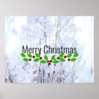 Merry Christmas, Frosty Birch Trees winter scene ポスター