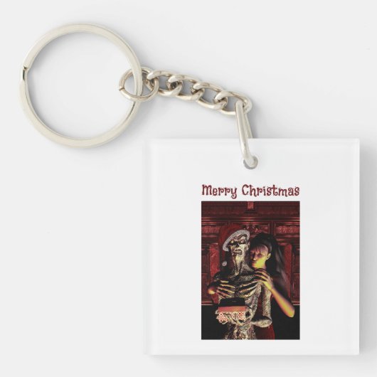 Merry Christmas. Funny skeleton with woman キーホルダー (正面)