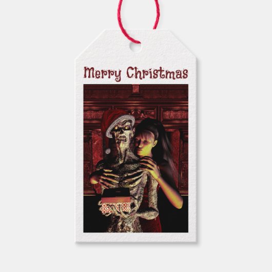 Merry Christmas. Funny skeleton with woman ギフトタグ (正面)