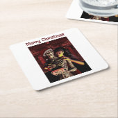 Merry Christmas. Funny skeleton with woman スクエアペーパーコースター (アングル)