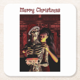 Merry Christmas. Funny skeleton with woman スクエアペーパーコースター