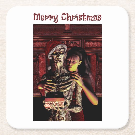 Merry Christmas. Funny skeleton with woman スクエアペーパーコースター (正面)