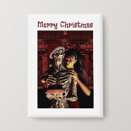 Merry Christmas. Funny skeleton with woman 缶バッジ