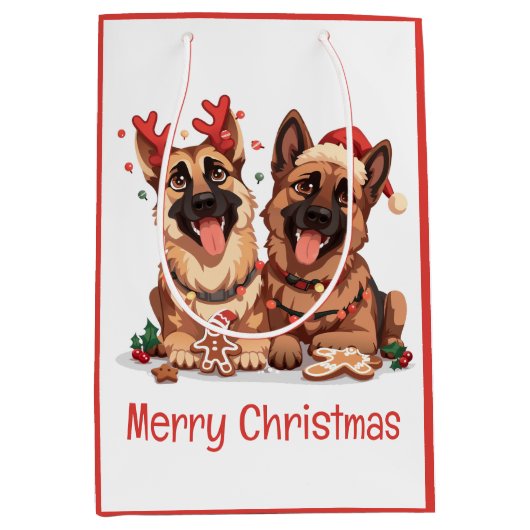 Merry Christmas German Shepherd Dogs ミディアムペーパーバッグ (正面)