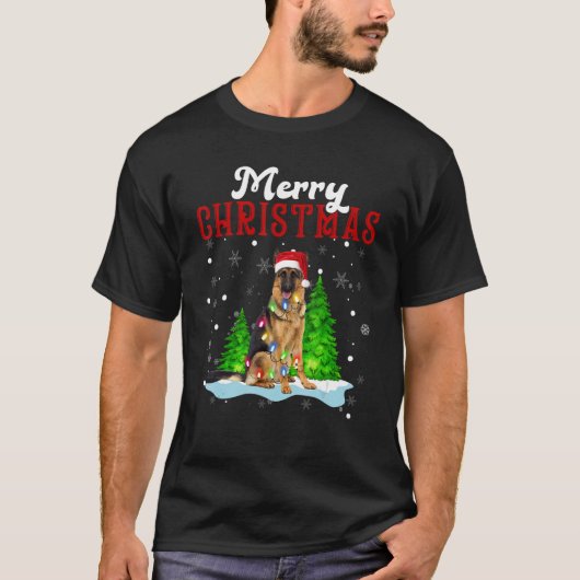 Merry Christmas German Shepherd Tree Lights Dog Tシャツ (正面)