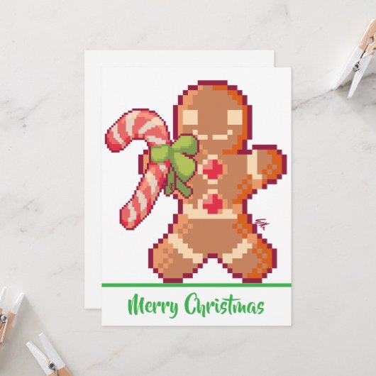 Merry Christmas, GingerBread man, pixel art  カード (正面/裏面インサイチュ)
