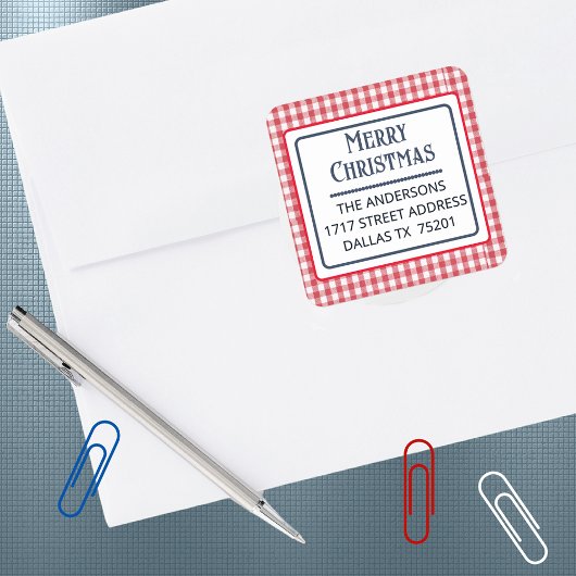 Merry Christmas Gingham Plaid 1.5" Address Sticker スクエアシール