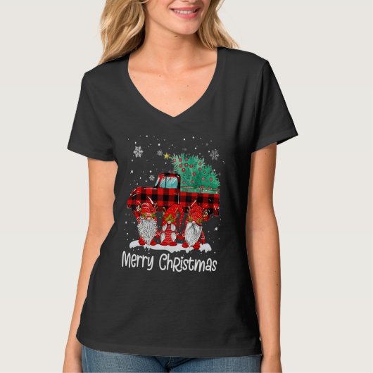 Merry Christmas Gnomes Santa Reindeer Plaid Truck  Tシャツ (正面)