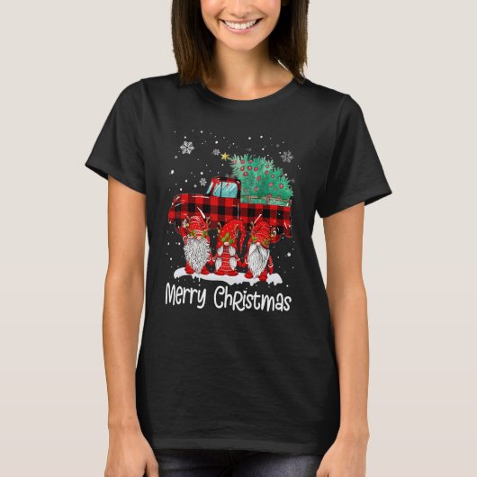 Merry Christmas Gnomes Santa Reindeer Plaid Truck Tシャツ (正面)