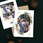 Merry Christmas Gold and Green Winter Floral Photo シーズンカード<br><div class="desc">Modern and elegant Merry Christmas greeting card features an oval shaped family holiday portrait on the front that is framed with neutral green and gold winter greenery leaves with red berry and gold sparkle accents. the back of the card includes three additional photo spaces and a custom message that can...</div>