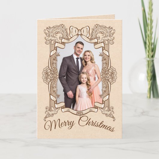 Merry Christmas Gold Bow Vintage Photo Frame シーズンカード (正面)