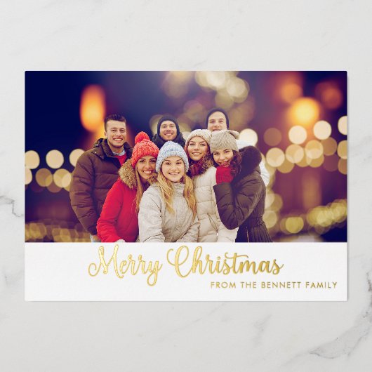 Merry Christmas Gold Red Photo Script Modern 箔シーズンカード (正面)