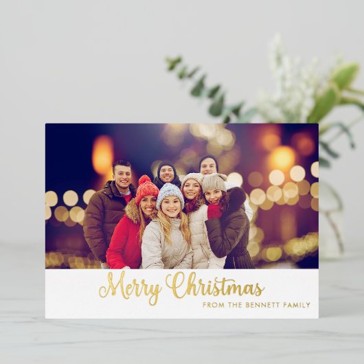 Merry Christmas Gold Red Photo Script Modern 箔シーズンカード (立ち正面)