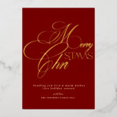 Merry Christmas Gold Script Red Minimal Holiday  箔招待状 (正面)