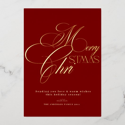 Merry Christmas Gold Script Red Minimal Holiday  箔招待状 (正面)