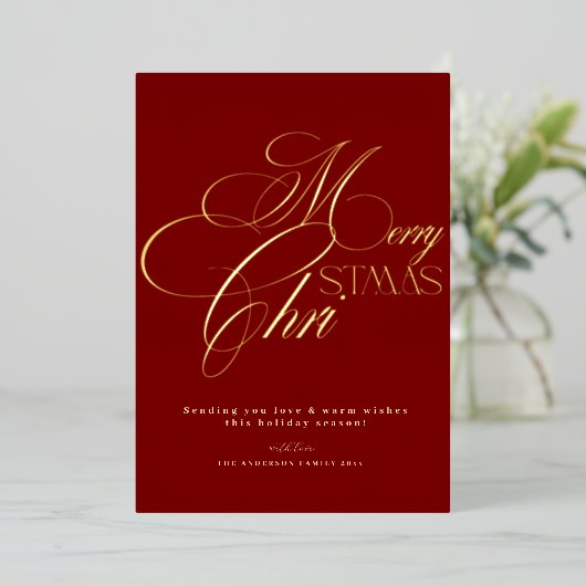 Merry Christmas Gold Script Red Minimal Holiday  箔招待状 (立ち正面)