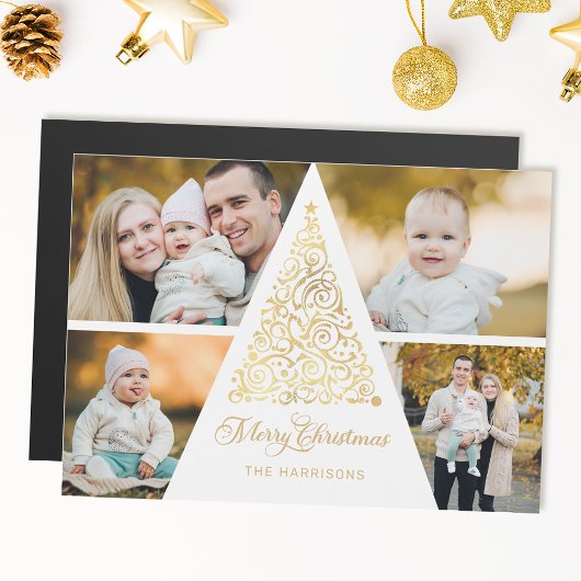 Merry Christmas Gold Swirl Tree 4 Photo Collage