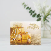 Merry Christmas Golden Ornaments and Gift Boxes  シーズンポストカード (スタンド正面)
