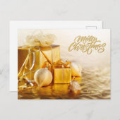Merry Christmas Golden Ornaments and Gift Boxes  シーズンポストカード (正面/裏面)