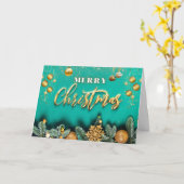 Merry Christmas Golden Ornaments and Pine Branches カード (黄色い花)