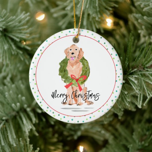 Merry Christmas Golden Retriever Dog Wreath Holly セラミックオーナメント (ツリー)