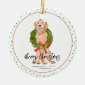Merry Christmas Golden Retriever Dog Wreath Holly セラミックオーナメント (正面)