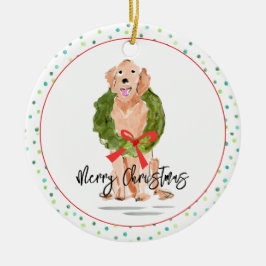 Merry Christmas Golden Retriever Dog Wreath Holly  セラミックオーナメント