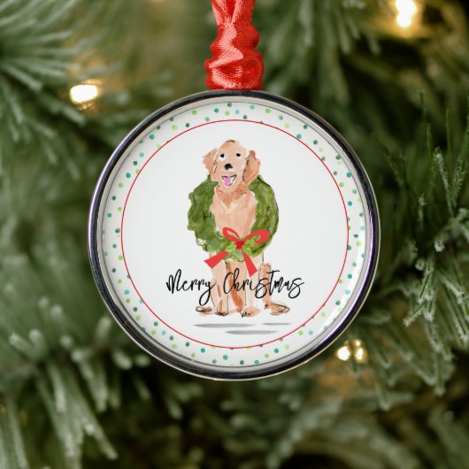 Merry Christmas Golden Retriever Dog Wreath Holly メタルオーナメント (ツリー)