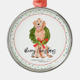 Merry Christmas Golden Retriever Dog Wreath Holly  メタルオーナメント
