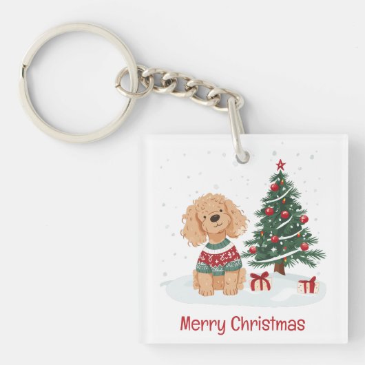 Merry Christmas Goldendoodle Dog キーホルダー (正面)