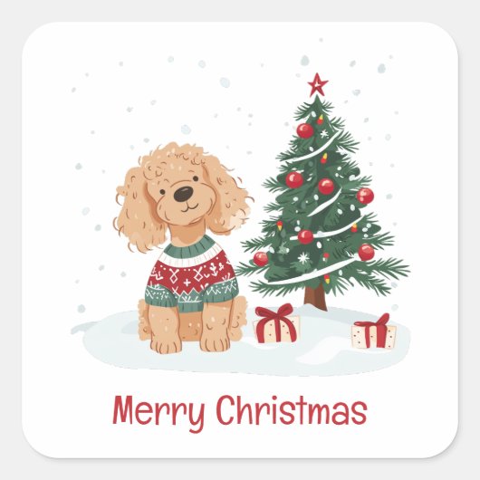 Merry Christmas Goldendoodle Dog スクエアシール (正面)