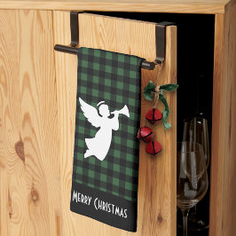 Merry Christmas Green & Black Buffalo Plaid Angel キッチンタオル