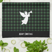 Merry Christmas Green & Black Buffalo Plaid Angel キッチンタオル (折り畳み)