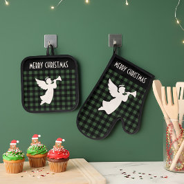 Merry Christmas Green & Black Buffalo Plaid Angel 鍋つかみ&鍋敷きセット