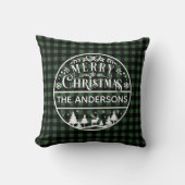 Merry Christmas Green & Black Plaid Custom Name クッション (正面)
