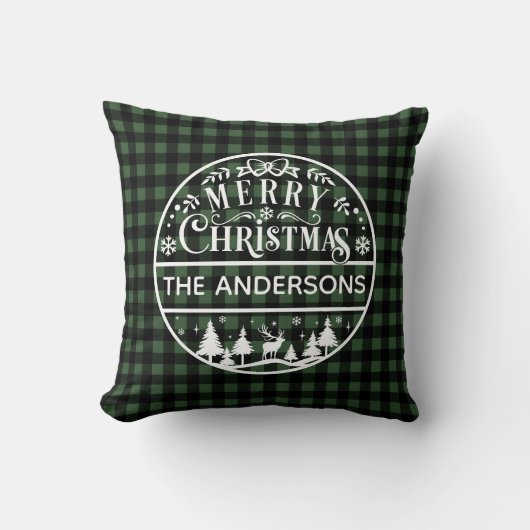 Merry Christmas Green & Black Plaid Custom Name クッション (正面)