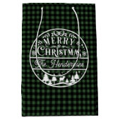 Merry Christmas Green & Black Plaid Custom Name ミディアムペーパーバッグ (正面)